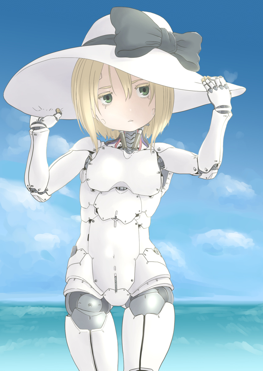 1girl android beach blonde_hair green_eyes hat highres original parts_exposed short_hair solo user_rgcc3848