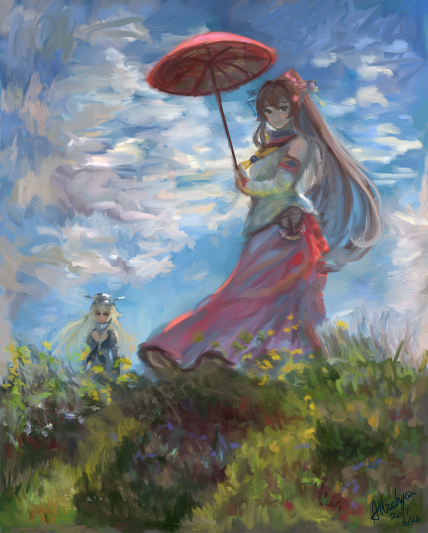 2girls arise_(allicenogalca) bangs blonde_hair blush breasts brown_hair clouds dated day detached_sleeves fine_art_parody flower grass hair_flower hair_ornament headgear highres holding iowa_(kantai_collection) kantai_collection long_hair multiple_girls outdoors parasol parody ponytail signature skirt sky standing umbrella woman_with_a_parasol yamato_(kantai_collection)