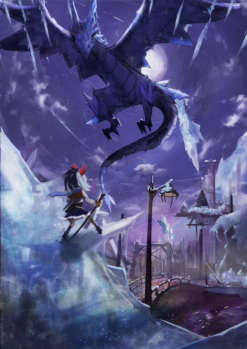 1girl absurdres blue_scarf bridge dragon fantasy highres horns ice lamppost moon multicolored_hair night original outdoors purple_sky scarf scenery skirt staff standing two-tone_hair yodaka