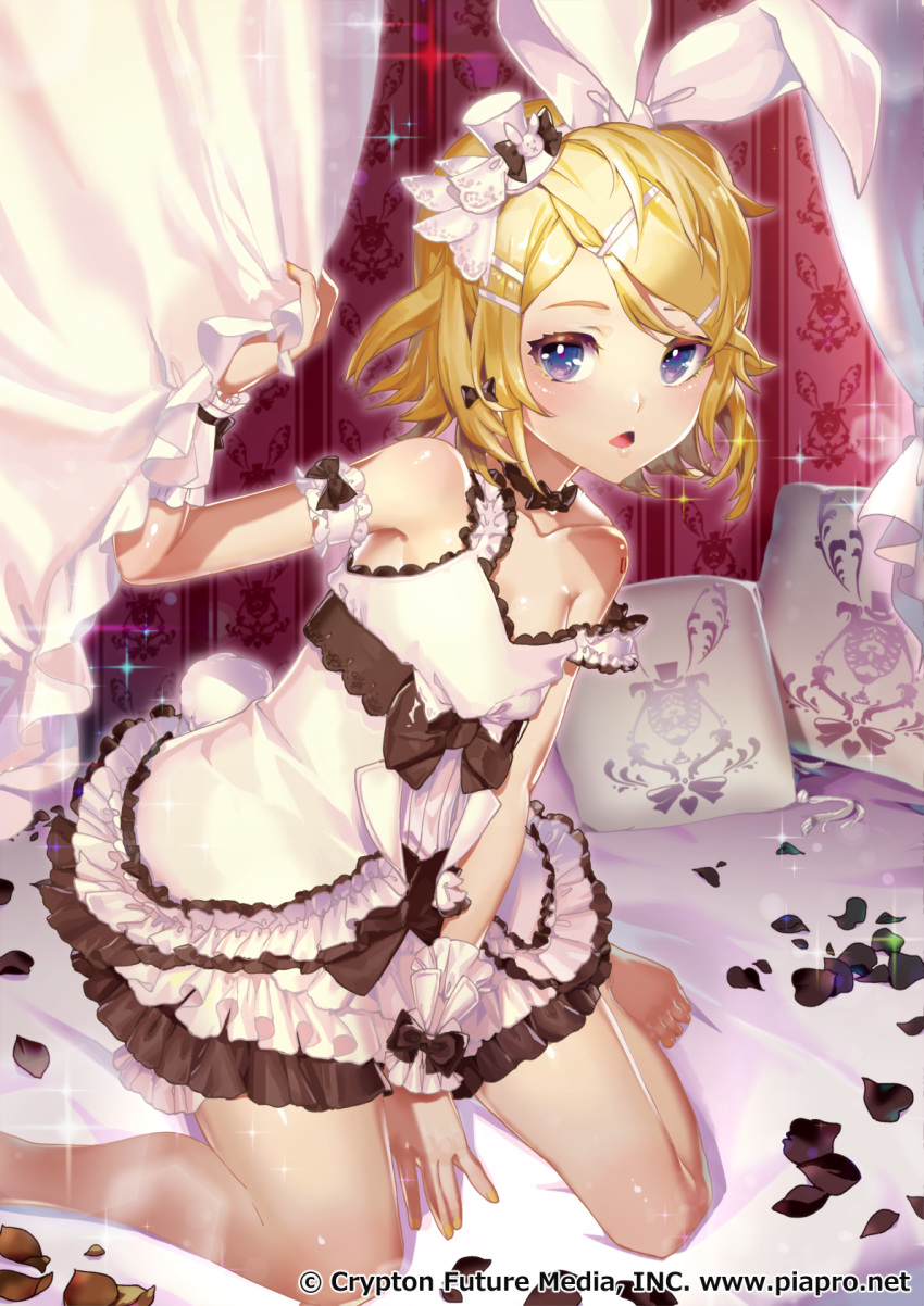 1girl bare_shoulders barefoot bed between_legs black_bow blonde_hair blue_eyes bow bunny_hair_ornament collarbone commentary crypton_future_media curtains dress dress_bow frilled_dress frills hair_bow hair_ornament hairclip hand_between_legs hat hatsune_miku_graphy_collection highres holding indoors kagamine_rin kneeling layered_dress light_blush looking_at_viewer mini_hat mini_top_hat nail_polish official_art open_mouth parted_lips petals pillow rabbit sawashi_(ur-sawasi) short_hair solo strap_slip top_hat vocaloid wallpaper_(object) white_bow wrist_bow wrist_cuffs yellow_nails