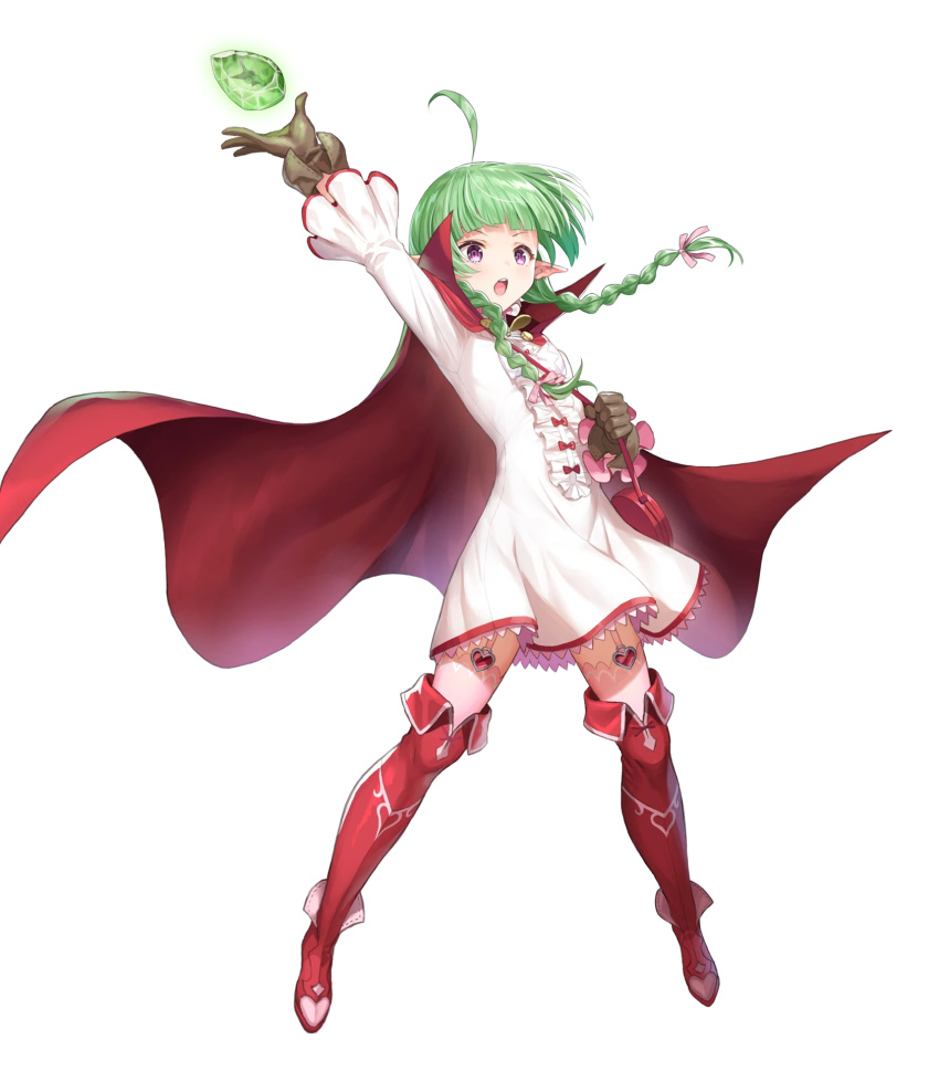 1girl ahoge boots braid brown_gloves cape dress fire_emblem fire_emblem:_kakusei fire_emblem_heroes fur_trim gloves green_hair highres long_hair mamkute nn_(fire_emblem) official_art pointy_ears red_cape red_footwear short_dress solo thigh-highs thigh_boots transparent_background twin_braids twintails