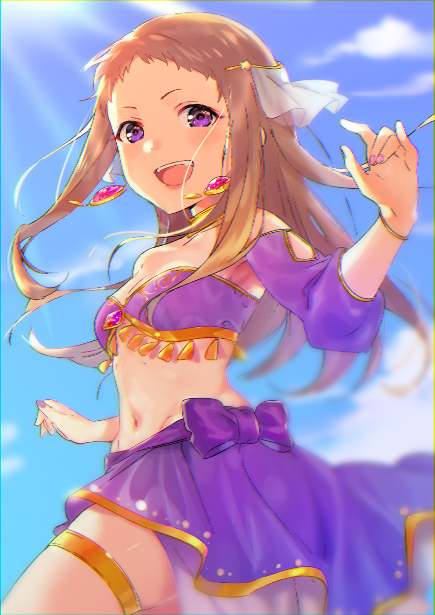 1girl :d absurdres bare_shoulders blue_sky blurry breasts brown_hair commentary cowboy_shot dancer detached_sleeves earrings fang gem highres idolmaster idolmaster_cinderella_girls jewelry koseki_reina legband long_hair looking_at_viewer midriff nana_(nana_yume87) navel open_mouth outdoors pink_nails puffy_sleeves purple_bikini_top purple_skirt short_bangs short_eyebrows skindentation skirt sky small_breasts smile solo stomach strapless strapless_bikini violet_eyes