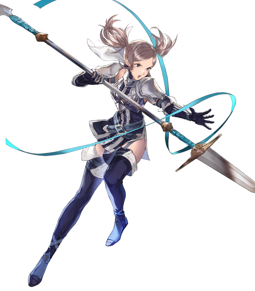 1girl armor boots breastplate brown_eyes brown_hair cynthia_(fire_emblem) dress fire_emblem fire_emblem:_kakusei fire_emblem_heroes full_body garter_straps highres holding holding_weapon long_hair official_art open_mouth polearm short_dress shoulder_armor smile spear thigh-highs thigh_boots twintails weapon