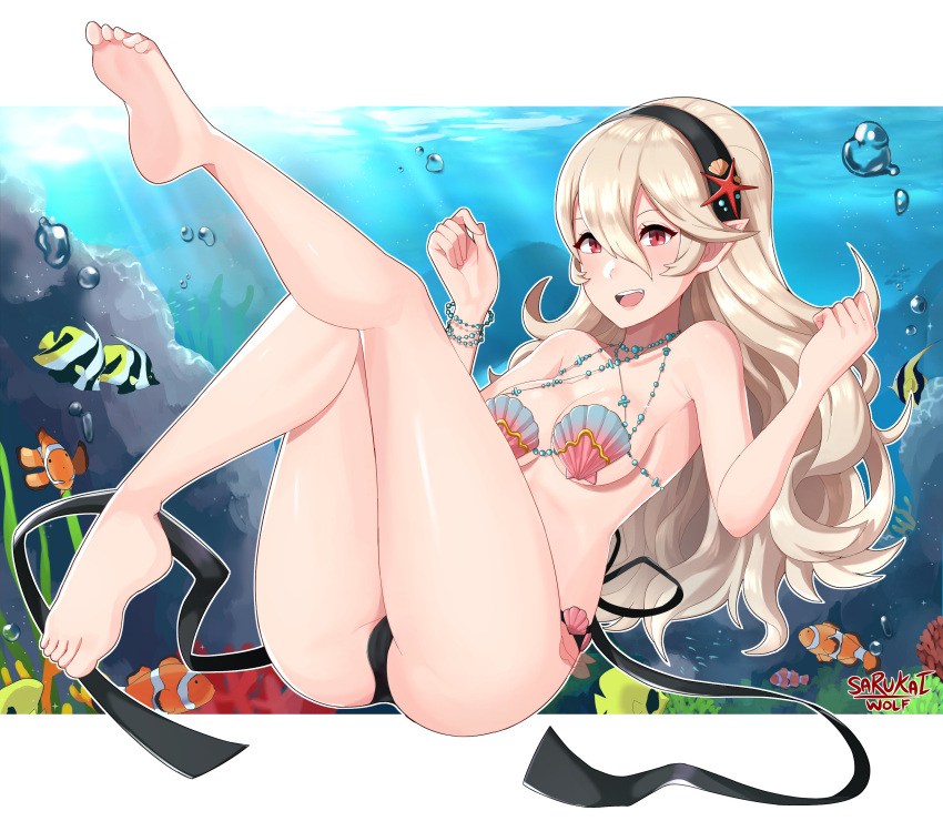 1girl absurdres artist_name ass bangs barefoot bikini black_hairband blush bubble clownfish cute female_my_unit_(fire_emblem_if) fire_emblem fire_emblem_cipher fire_emblem_if fish freediving hair_between_eyes hair_ornament hairband hands_up highres intelligent_systems kamui_(fire_emblem) long_hair looking_at_viewer mamkute my_unit_(fire_emblem_if) navel nintendo pointy_ears red_eyes sarukaiwolf shell shell_bikini silver_hair simple_background smile soles swimsuit underwater water white_hair