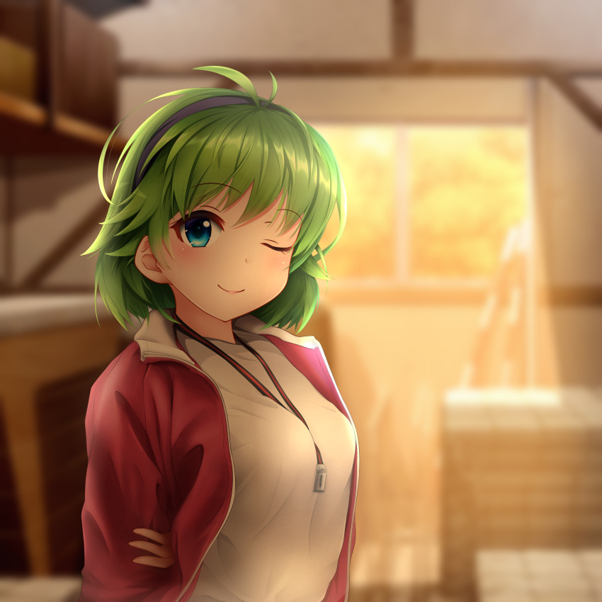 1girl absurdres ahoge alternate_costume arms_behind_back between_breasts blue_eyes blurry blurry_background breasts contemporary crowned-tapioka cute dusk eyebrows_visible_through_hair fire_emblem fire_emblem:_rekka_no_ken fire_emblem_heroes green_hair gym_uniform hairband highres indoors intelligent_systems jacket looking_at_viewer medium_breasts nino_(fire_emblem) nintendo one_eye_closed red_jacket shirt short_hair smile solo storage_room sunlight track_jacket track_suit upper_body whistle white_shirt window wink