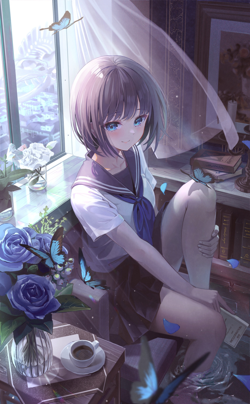 1girl absurdres black_skirt blue_eyes blue_flower bug butterfly closed_mouth collared_shirt flower highres long_hair midori_matsukaze miniskirt neckerchief original pleated_skirt purple_hair purple_neckerchief purple_sailor_collar sailor_collar sailor_shirt shiny shiny_hair shirt short_hair short_sleeves sitting skirt smile soaking_feet solo straight_hair white_shirt