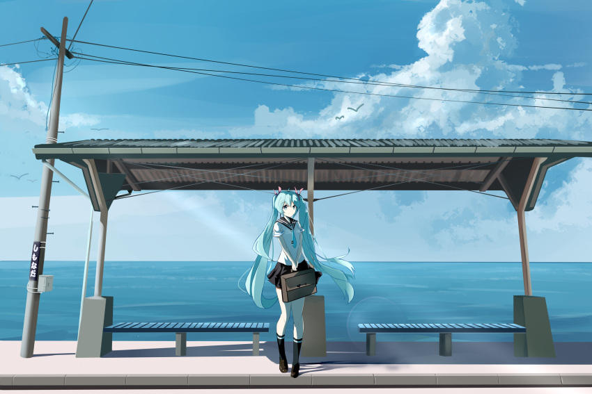 1girl aqua_eyes aqua_hair bird blue_sky briefcase clouds cloudy_sky commentary day hatsune_miku highres holding holding_briefcase long_hair looking_at_viewer mary_janes mikuning necktie ocean outdoors platform power_lines sailor_collar scenery school_uniform serafuku shoes short_sleeves skirt sky smile socks solo standing train_station translated twintails very_long_hair vocaloid wide_shot