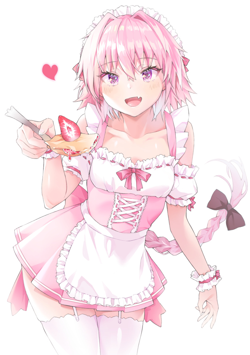 1boy alternate_costume apron astolfo_(fate) bangs bare_shoulders black_bow blush bow braid collarbone cpqm dress enmaided fang fate/apocrypha fate_(series) feeding food frills fruit garter_straps hair_between_eyes hair_intakes heart highres long_braid long_hair looking_at_viewer maid maid_headdress male_focus multicolored_hair otoko_no_ko pink_dress pink_hair short_dress simple_background single_braid smile solo spoon strawberry streaked_hair thighs violet_eyes waist_apron white_background white_hair white_legwear wrist_cuffs