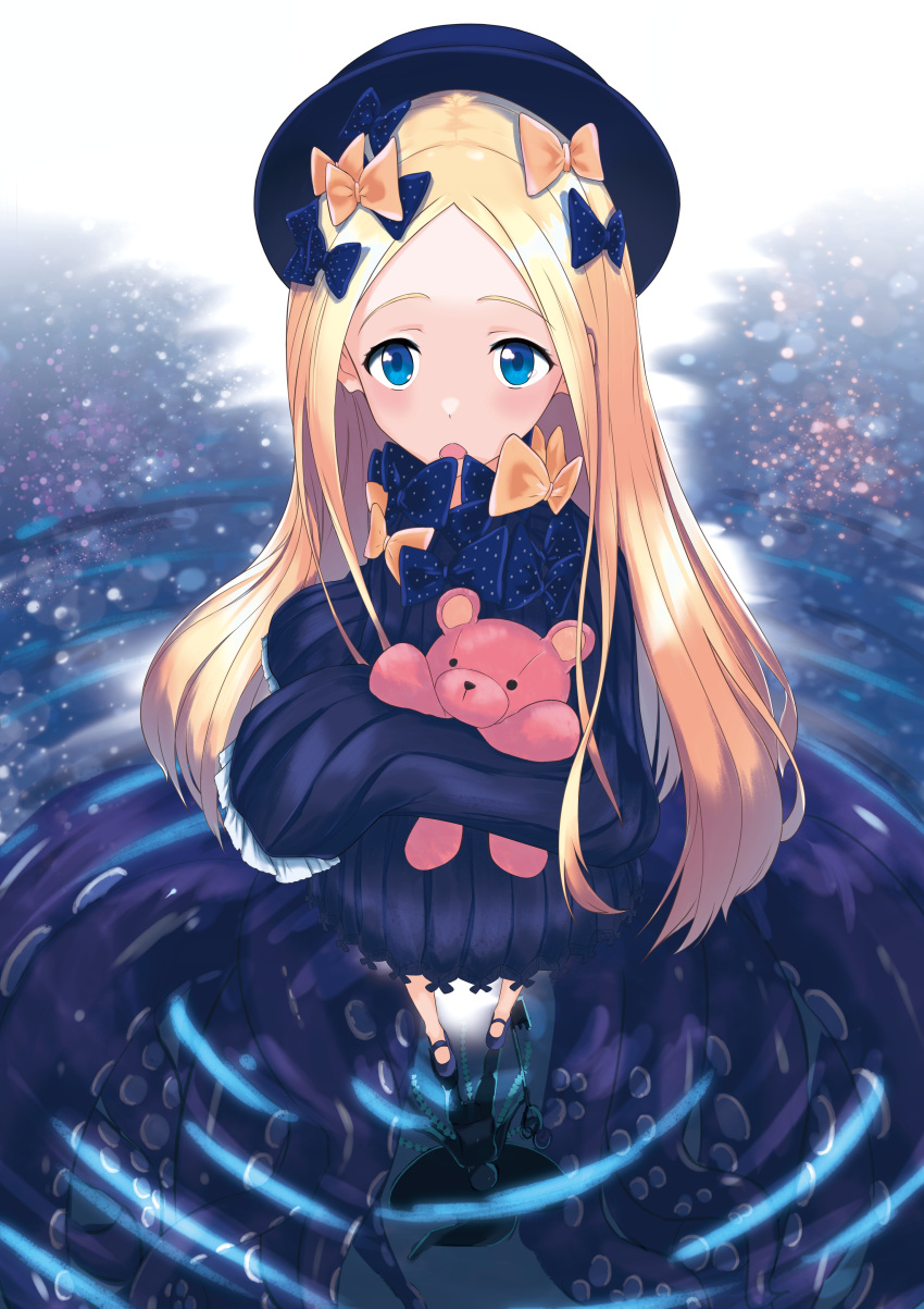 1girl abigail_williams_(fate/grand_order) absurdres bangs black_bow black_dress black_footwear black_headwear blonde_hair blue_eyes blush bow bug butterfly commentary_request dress fate/grand_order fate_(series) forehead hair_bow hat highres huge_filesize i_maken insect long_hair long_sleeves looking_at_viewer mary_janes object_hug open_mouth orange_bow parted_bangs polka_dot polka_dot_bow reflection ripples shoes sleeves_past_fingers sleeves_past_wrists solo standing stuffed_animal stuffed_toy suction_cups teddy_bear tentacles very_long_hair