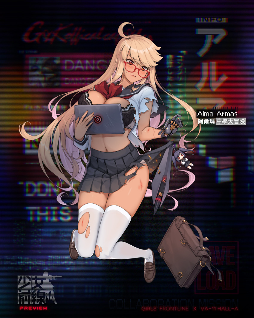 1girl ahoge alma_armas alternate_costume bag black_bra black_skirt blonde_hair blush bra breasts brown_footwear eyebrows_visible_through_hair girls_frontline glasses highres julianne_stingray large_breasts loafers long_hair long_sleeves neckerchief official_art parted_lips pleated_skirt red_neckwear school_bag school_uniform serafuku shirt shoes skirt solo terras thigh-highs torn_clothes torn_legwear torn_shirt torn_skirt underwear va-11_hall-a white_legwear