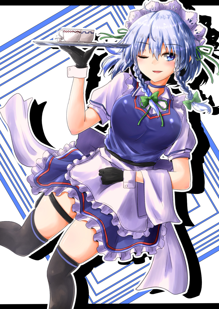 1girl ;d apron bangs black_gloves black_legwear blue_choker blue_dress blue_eyes blush bow braid breasts choker commentary_request cup dress eyebrows_visible_through_hair feet_out_of_frame frilled_apron frills gloves green_bow green_neckwear green_ribbon hair_between_eyes hair_bow hair_ribbon hand_up highres holding holding_tray izayoi_sakuya lace_trim large_breasts letterboxed looking_at_viewer maid maid_apron maid_headdress neck_ribbon one_eye_closed open_mouth oshiaki outline outside_border petticoat puffy_short_sleeves puffy_sleeves ribbon shirt short_dress short_hair short_sleeves silhouette silver_hair skindentation smile solo teacup thigh-highs thigh_strap thighs touhou tray twin_braids waist_apron white_apron white_background white_outline white_shirt wrist_cuffs zettai_ryouiki