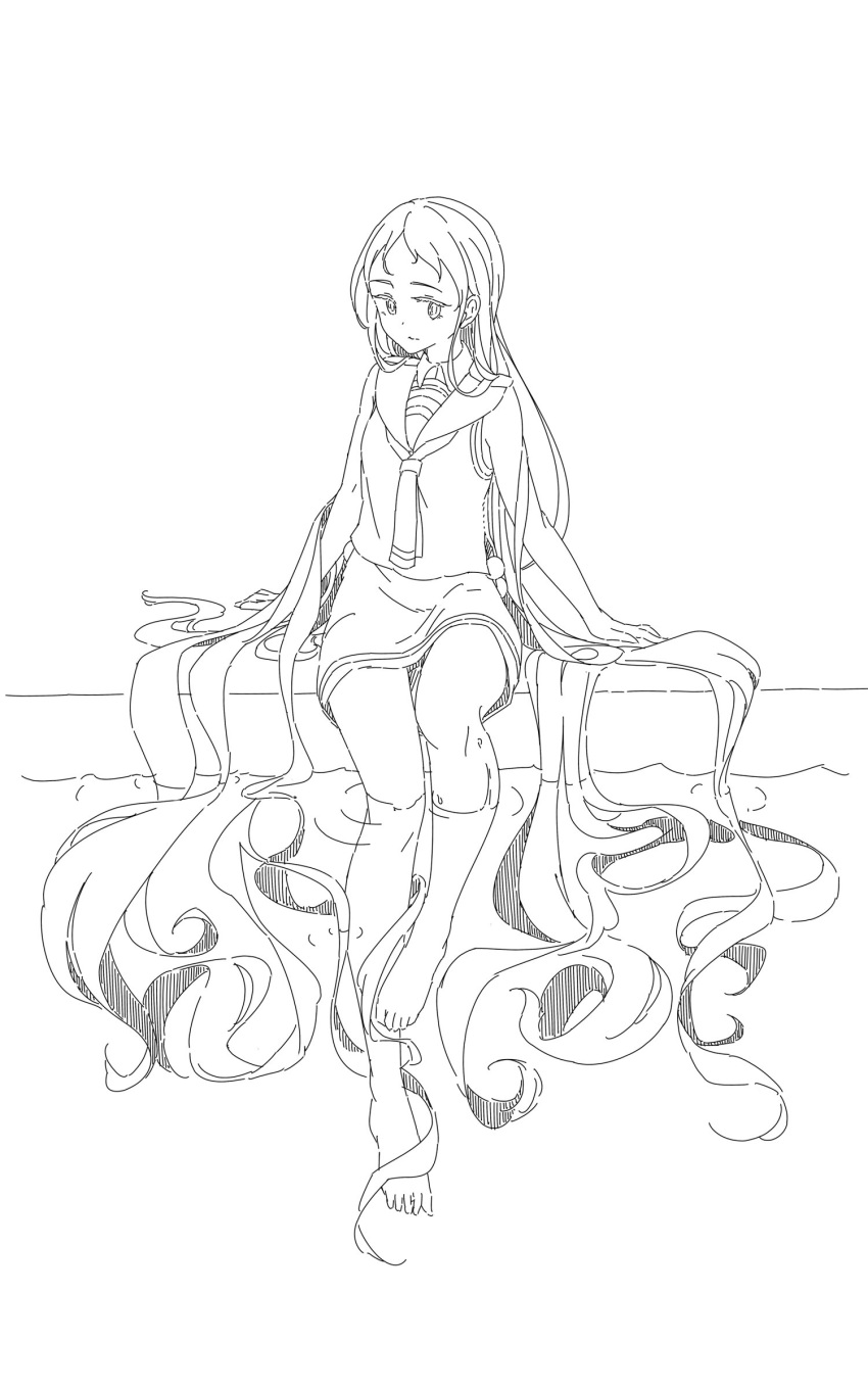 1girl absurdly_long_hair absurdres arm_at_side arm_support bangs bare_arms bare_shoulders barefoot breasts closed_mouth collared_shirt commentary_request expressionless full_body greyscale hair_over_one_eye highres kantai_collection leg_up long_hair mikeco monochrome neckerchief no_gloves ripples sailor_collar samidare_(kantai_collection) shirt simple_background sitting skirt sleeveless sleeveless_shirt soaking_feet solo very_long_hair water wet white_background