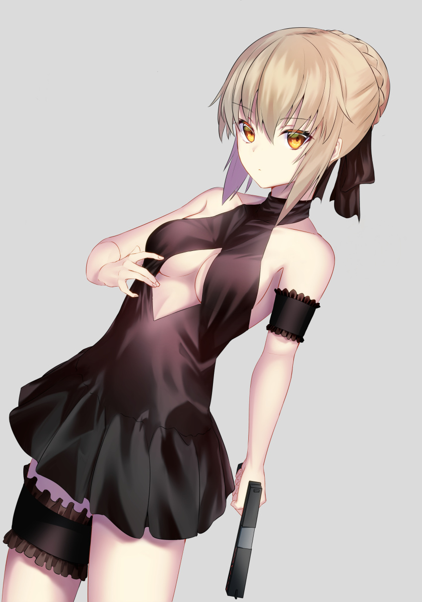 1girl absurdres artoria_pendragon_(all) artoria_pendragon_(swimsuit_rider_alter) bangs bare_shoulders black_bow black_dress blonde_hair bow breasts commentary_request cutout dress eyebrows_visible_through_hair fate/grand_order fate_(series) grey_background gun hair_between_eyes hair_bow highres holding holding_gun holding_weapon jun_(540000000000000) looking_at_viewer maid_headdress medium_breasts short_hair simple_background solo swimsuit weapon yellow_eyes