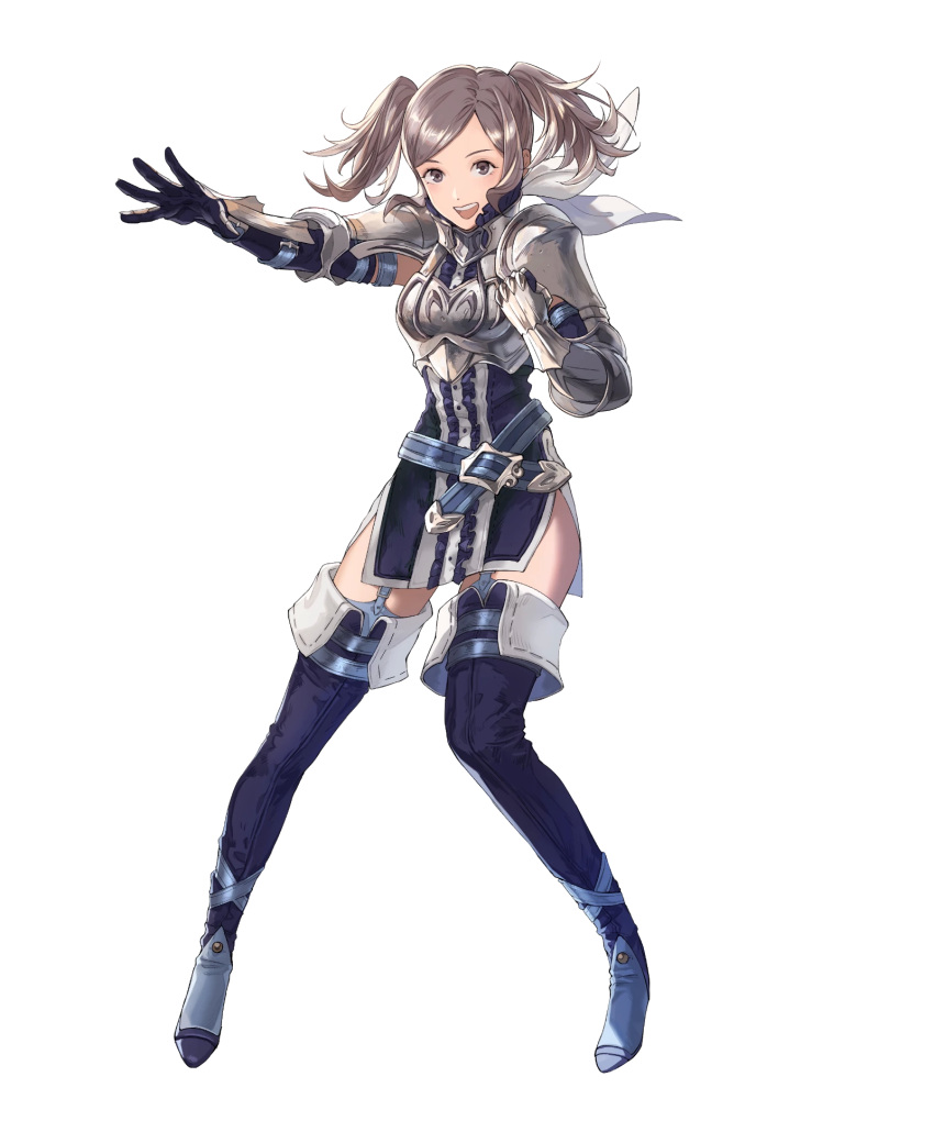 1girl armor bangs boots breastplate brown_eyes brown_hair cynthia_(fire_emblem) dress fire_emblem fire_emblem:_kakusei fire_emblem_heroes frills full_body garter_straps highres long_hair looking_at_viewer official_art open_mouth parted_bangs short_dress shoulder_armor smile thigh-highs thigh_boots twintails zettai_ryouiki