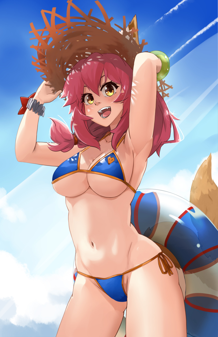 1girl absurdres animal_ears armpits bead_bracelet beads bikini blue_bikini blue_sky blush bracelet breasts clouds day fangs fate/grand_order fate_(series) fox_ears fox_tail hat highres jewelry light_rays looking_at_viewer medium_breasts navel okamin open_mouth pink_hair short_hair side-tie_bikini sky solo standing straw_hat sunbeam sunlight swimsuit tail tamamo_(fate)_(all) tamamo_no_mae_(swimsuit_lancer)_(fate) teeth yellow_eyes