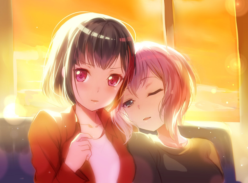 2girls aoba_moca bang_dream! bangs black_hair black_shirt blue_eyes blush bushiroad grey_hair half-closed_eyes head_on_another's_shoulder highres izu_(izzzzz27) jacket leaning_on_person lens_flare looking_away looking_to_the_side mitake_ran multicolored_hair multiple_girls one_eye_closed parted_lips pink_hair red_eyes red_jacket redhead shirt short_hair silver_hair sitting sleepy streaked_hair sunset upper_body window