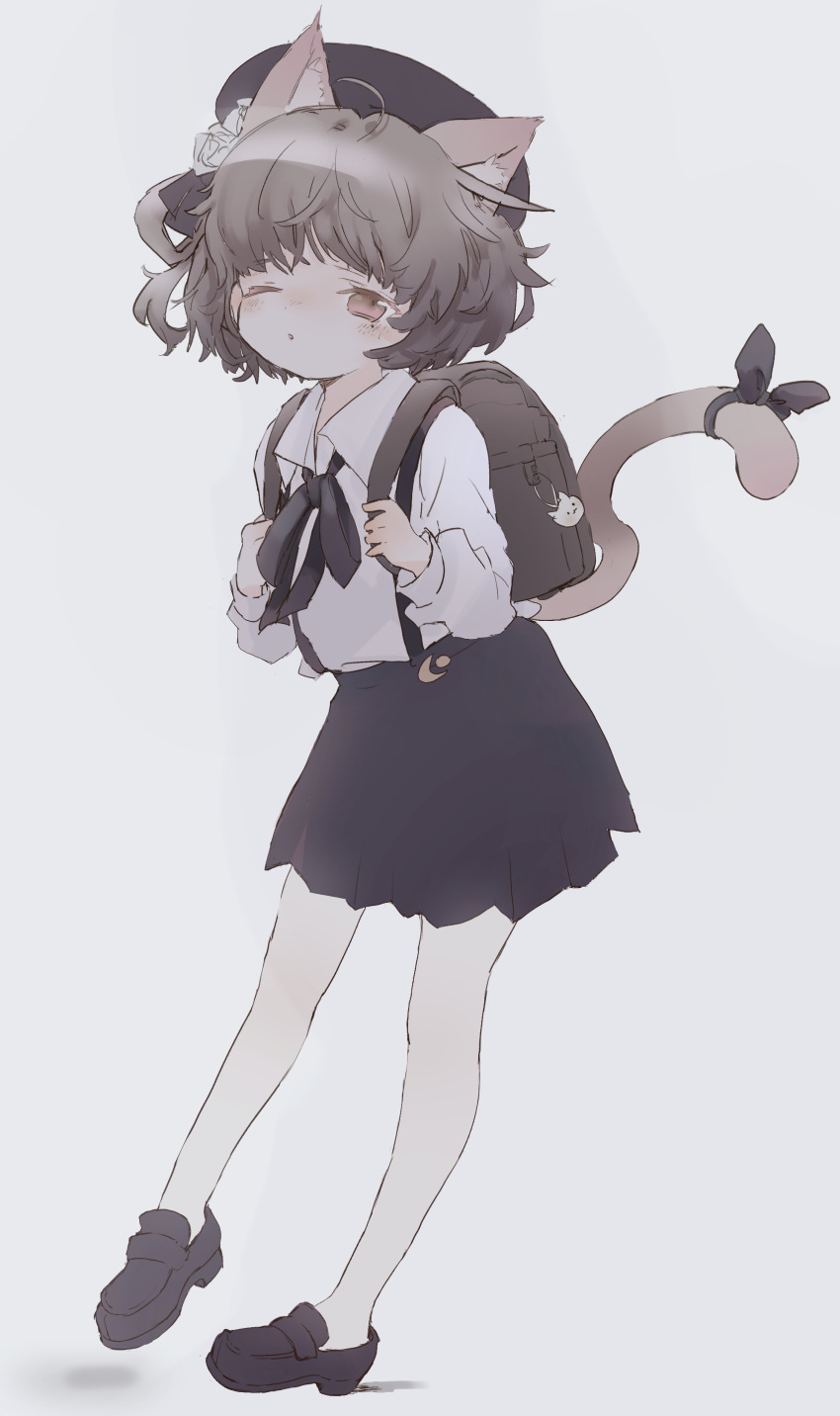 1girl ;o absurdres ahoge animal_ear_fluff animal_ears backpack bag bangs beret black_bow black_footwear black_headwear black_ribbon blush bow brown_eyes brown_hair cat_ears cat_girl cat_tail collared_shirt crescent crescent_moon_pin eyebrows_visible_through_hair flower grey_background grey_rose hair_flower hair_ornament hair_ribbon hair_rings hat hatoba_tsugu hatoba_tsugu_(character) highres holding_strap kemonomimi_mode loafers long_sleeves mole mole_under_eye one_eye_closed pantyhose parted_lips pleated_skirt randoseru ribbon sha2mo shadow shirt shoes short_hair skirt solo suspender_skirt suspenders tail tail_bow virtual_youtuber white_legwear white_shirt