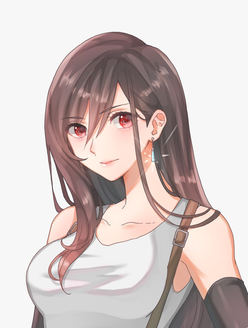 1girl bangs bare_shoulders black_hair breasts closed_mouth collarbone earrings eyebrows_visible_through_hair eyes_visible_through_hair final_fantasy final_fantasy_vii hair_between_eyes highres jewelry large_breasts long_hair red_eyes shirt solo suspenders tank_top tifa_lockhart toufu_(toufu_53) upper_body white_shirt