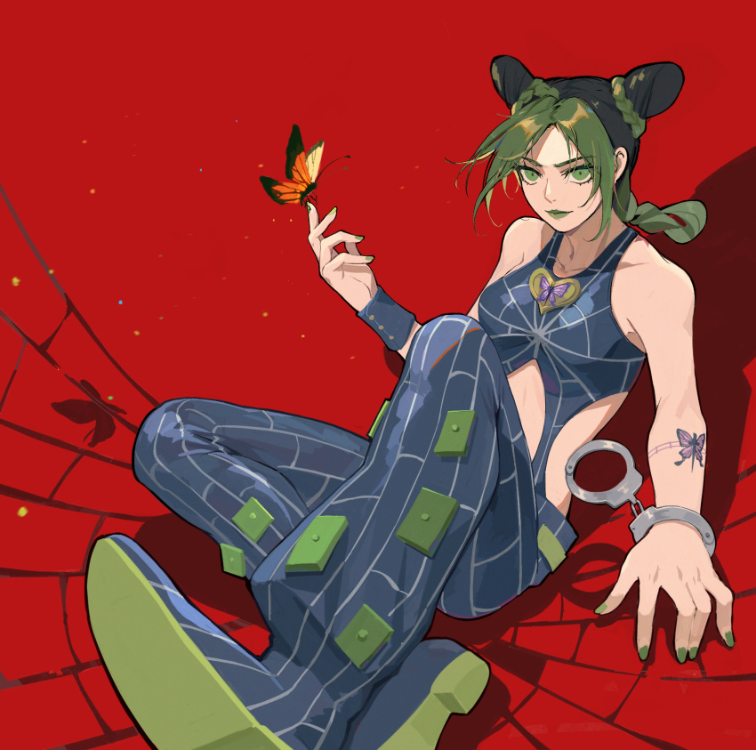 1girl bangs black_hair breasts bug butterfly butterfly_tattoo cuffs double_bun full_body green_eyes green_hair green_lipstick green_nails handcuffs highres insect jojo_no_kimyou_na_bouken kuujou_jolyne leotard lipstick looking_at_viewer makeup medium_breasts midriff multicolored_hair nizle parted_bangs ponytail red_background short_hair simple_background sitting sleeveless solo spider_web_print stone_ocean tattoo two-tone_hair wristband