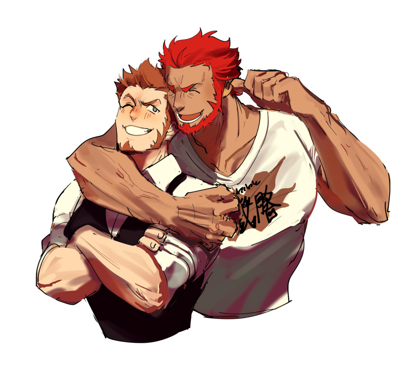 2boys bara beard blue_eyes blush brown_hair facial_hair fate/grand_order fate_(series) highres kendy_(revolocities) male_focus multiple_boys muscle napoleon_bonaparte_(fate/grand_order) open_mouth redhead rider_(fate/zero) shirt short_hair simple_background smile white_background yaoi