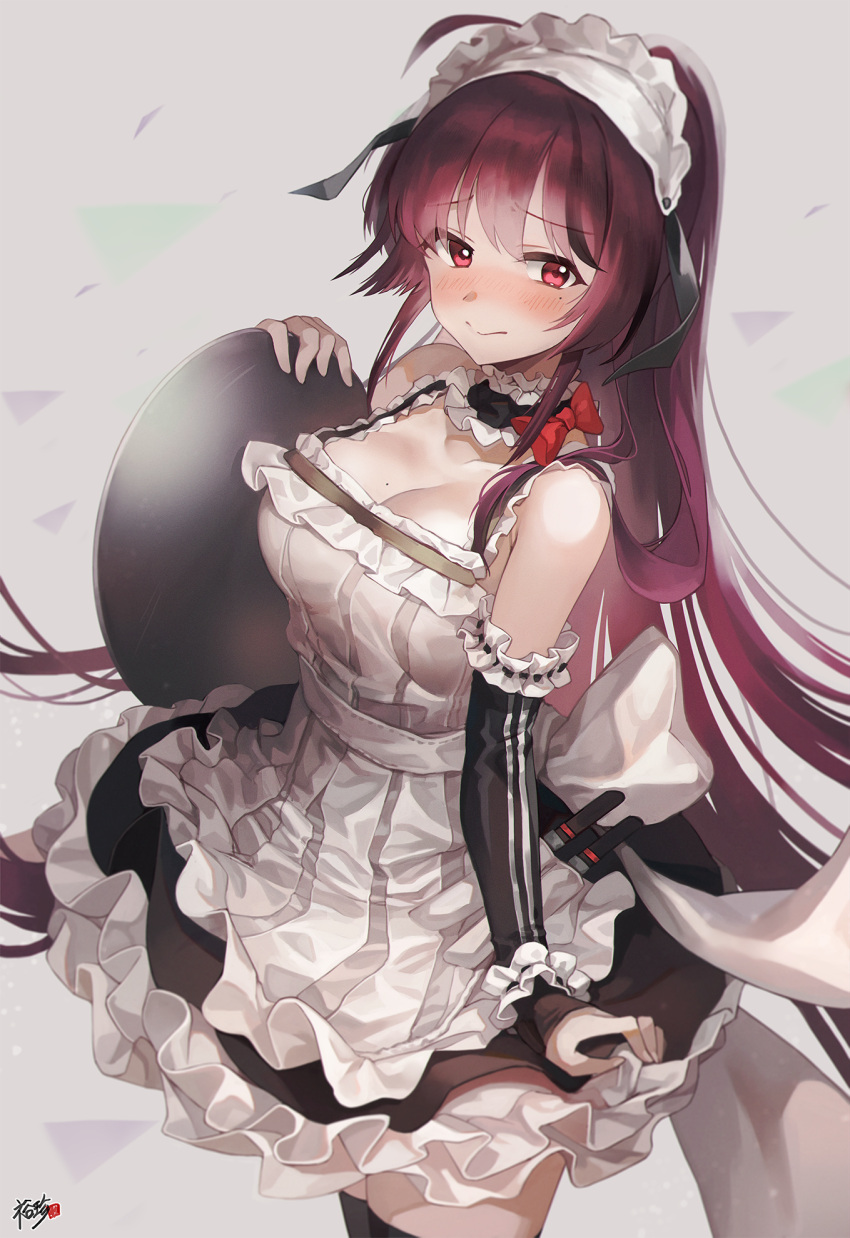 1girl apron bangs blush bow breasts cowboy_shot detached_collar detached_sleeves dress eyebrows_visible_through_hair frills frown highres holding holding_tray kyjsogom long_hair looking_at_viewer maid maid_headdress mole mole_on_breast mole_under_eye original purple_hair red_eyes sidelocks signature smile solo tareme thigh-highs tray