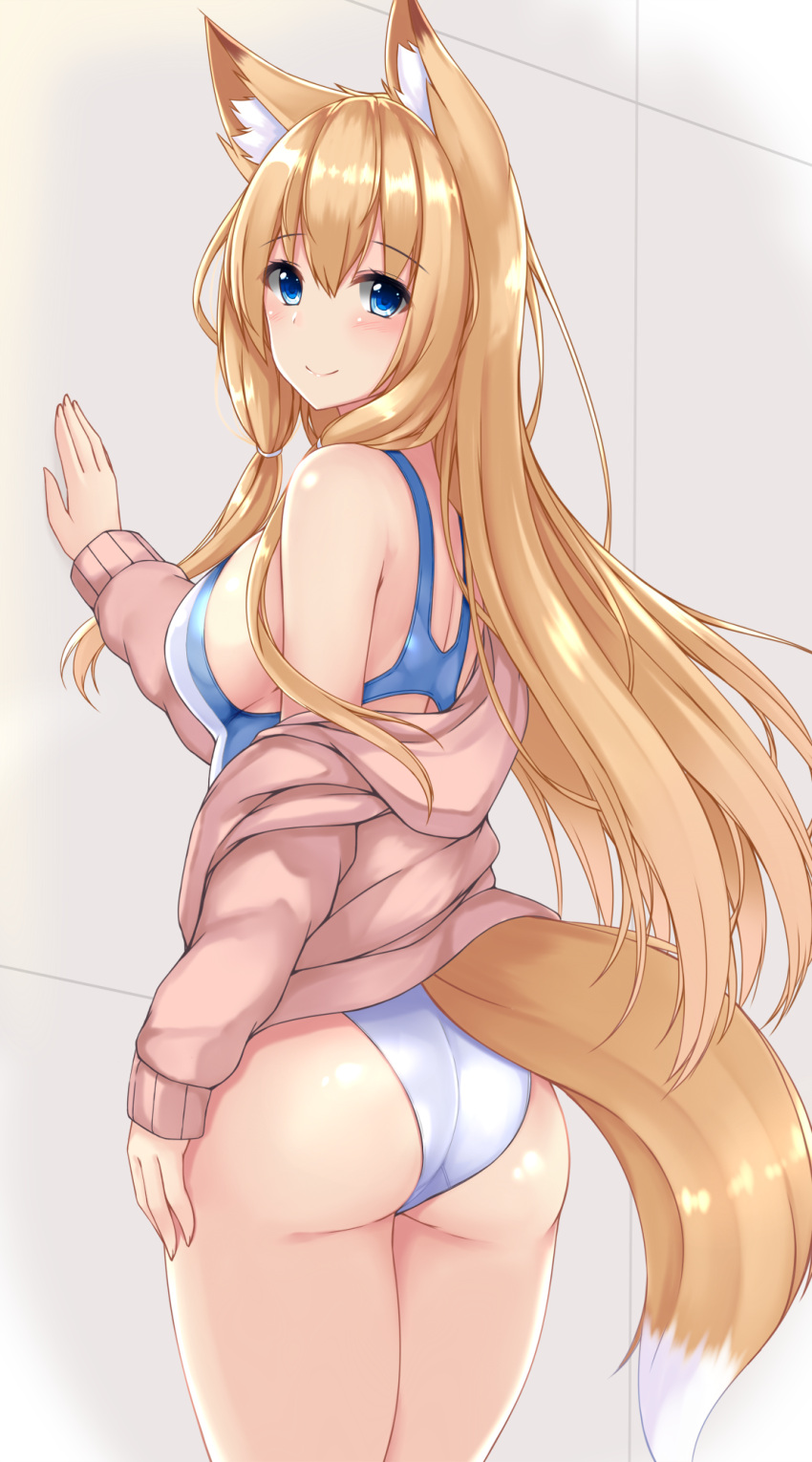 1girl animal_ear_fluff animal_ears ass bare_shoulders blonde_hair blue_eyes blush breasts brown_jacket commentary_request competition_swimsuit cowboy_shot fox_ears fox_girl fox_tail highres jacket large_breasts long_hair looking_at_viewer looking_back off_shoulder one-piece_swimsuit open_clothes open_jacket original smile sogaya solo standing swimsuit tail thighs