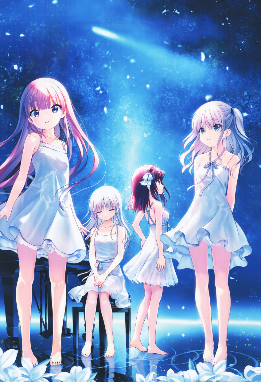 4girls absurdres angel_beats! arms_behind_back bangs bare_legs barefoot blue_eyes bow breasts brown_hair charlotte_(anime) closed_eyes closed_mouth collarbone dress floating_hair full_body hair_between_eyes hair_bow hairband halterneck hand_on_hip highres kamisama_ni_natta_hi layered_dress long_hair looking_at_viewer multiple_girls nakamura_yuri outdoors pink_hair profile satou_hina_(kamisama_ni_natta_hi) short_dress side_ponytail sitting sky sleeveless sleeveless_dress small_breasts smile standing star_(sky) starry_sky tachibana_kanade tomori_nao violet_eyes white_bow white_dress white_hair