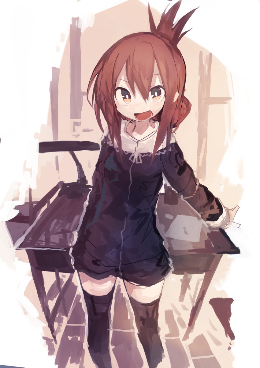 1girl absurdres alternate_costume bangs black_shirt brown_eyes brown_hair commentary contemporary desk desk_lamp folded_ponytail hair_between_eyes highres inazuma_(kantai_collection) indoors kaamin_(mariarose753) kantai_collection lamp long_sleeves looking_at_viewer open_mouth shirt short_shorts shorts sidelocks smile solo standing thigh-highs zettai_ryouiki