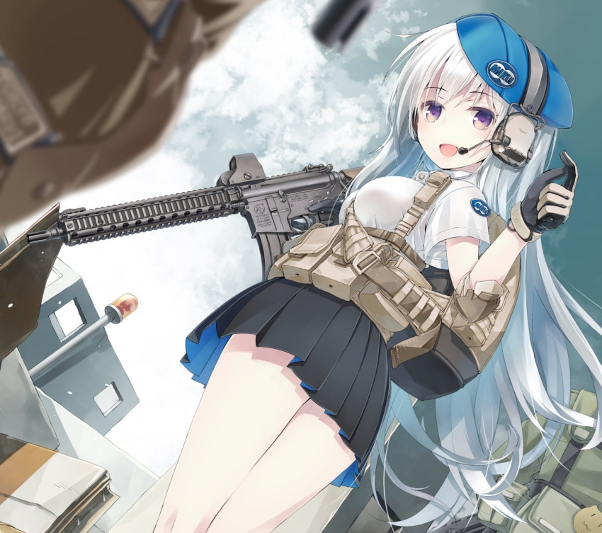 1girl :d backpack bag bangs beret between_breasts black_gloves black_skirt blue_headwear blue_sky blurry blurry_foreground blush breasts clouds cloudy_sky day depth_of_field ear_protection elbow_pads eyebrows_visible_through_hair gloves gun hat headset highres holding holding_gun holding_weapon long_hair looking_away looking_to_the_side medium_breasts military nanaroku_(fortress76) open_mouth original outdoors pleated_skirt shirt short_sleeves silver_hair skirt sky smile solo standing strap_between_breasts trigger_discipline very_long_hair violet_eyes weapon weapon_request white_shirt