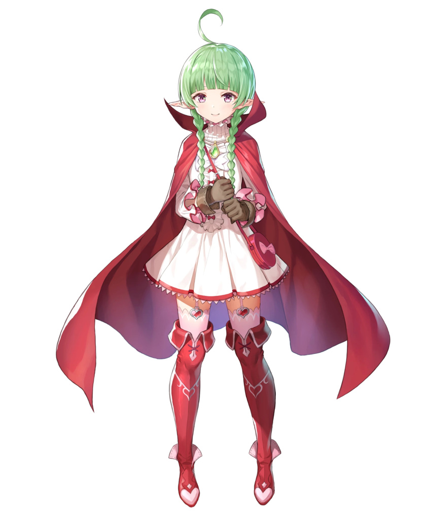 1girl ahoge boots braid brown_gloves cape dress fire_emblem fire_emblem:_kakusei fire_emblem_heroes fur_trim gloves green_hair highres long_hair mamkute nn_(fire_emblem) official_art pointy_ears red_cape red_footwear short_dress solo thigh-highs thigh_boots transparent_background twin_braids twintails