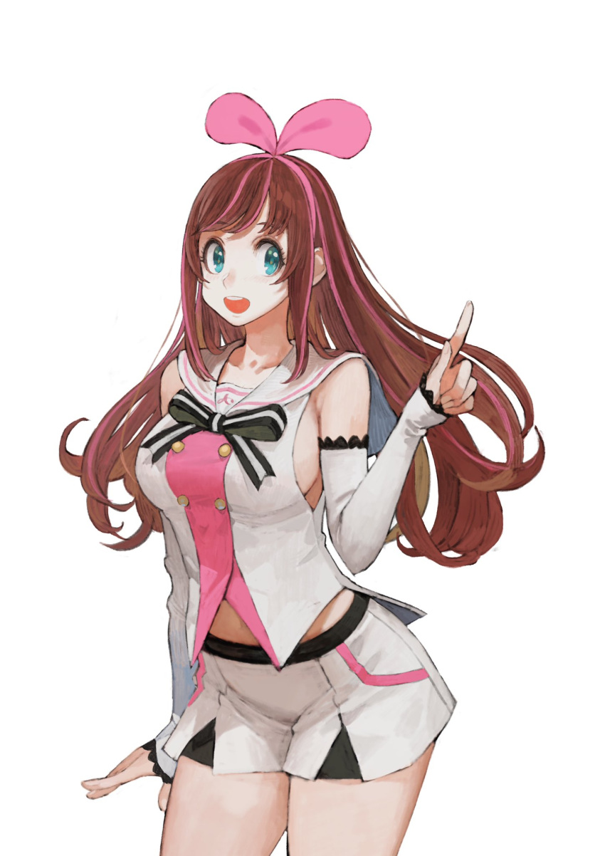 1girl a.i._channel blue_eyes blush breasts brown_hair collarbone commentary cowboy_shot detached_sleeves hairband highres index_finger_raised jun_(seojh1029) kizuna_ai long_hair medium_breasts multicolored_hair open_mouth pink_hair pink_hairband ribbon round_teeth shorts sideboob simple_background smile solo streaked_hair teeth virtual_youtuber white_background white_shorts