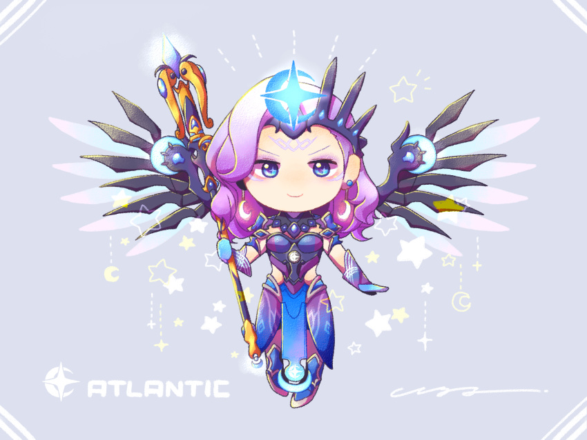 1girl alternate_costume alternate_hair_color atlantic_mercy blue_bodysuit blue_eyes blue_footwear blue_gloves blue_wings bodysuit breasts chibi crescent crescent_hair_ornament crown crown_hair_ornament earrings eyeshadow faulds full_body gloves glowing glowing_wings grey_background hair_ornament highres hm_7737_i holding holding_staff jewelry looking_at_viewer makeup mechanical_wings medium_breasts medium_hair mercy_(overwatch) overwatch pelvic_curtain pixel_art purple_hair shoulder_armor simple_background smile solo spread_wings staff star wavy_hair wings
