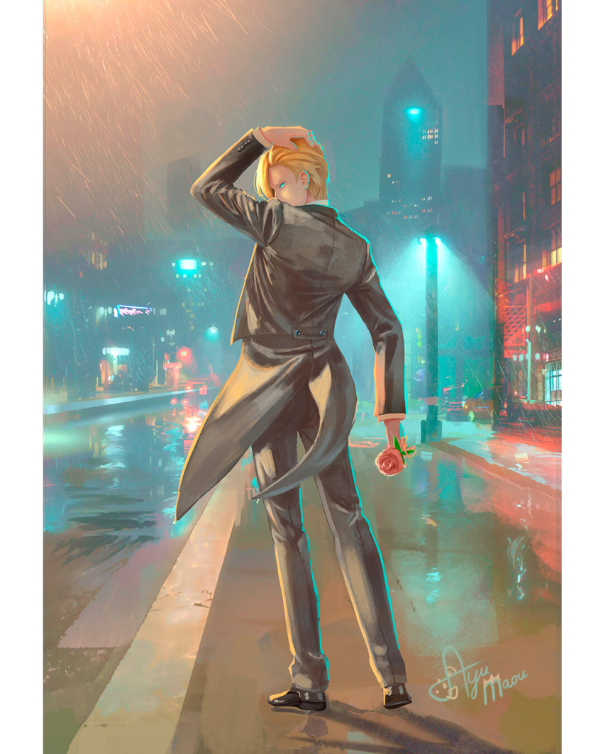 1boy artist_name ash_lynx ayumaou banana_fish black_pants black_suit blonde_hair blue_eyes building flower formal highres long_sleeves looking_back male_focus night outdoors pants rain reflection rose solo standing suit