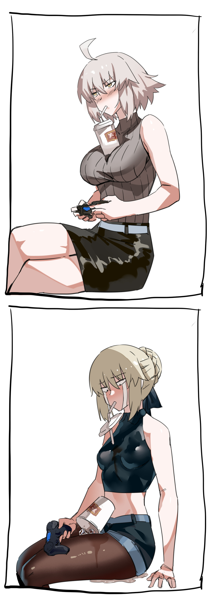 2girls absurdres ahoge artoria_pendragon_(all) blush breasts brown_eyes brown_legwear controller crossed_legs drink drinking_straw failure fate/grand_order fate_(series) game_controller hair_bun highres jeanne_d'arc_(alter)_(fate) jeanne_d'arc_(fate)_(all) large_breasts light_brown_hair midriff mouth_hold multiple_girls nanaya_(daaijianglin) pantyhose pencil_skirt ribbed_shirt saber_alter shiny shiny_clothes shirt short_hair short_shorts shorts silver_hair sitting skirt sleeveless sleeveless_shirt small_breasts spill tears turtleneck