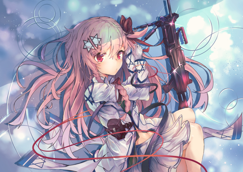 1girl absurdres bangs blue_sky bow bowtie braid fetal_position full_body girls_frontline glint gloves hair_bow hair_ornament hairclip hexagram highres imi_negev jacket long_hair long_sleeves looking_at_viewer lying midriff military military_uniform negev_(girls_frontline) nyaru_nyaru on_side one_side_up open_clothes open_jacket pink_hair pleated_skirt red_bow red_eyes red_neckwear red_string reflection skirt sky solo star star_hair_ornament star_of_david string uniform white_gloves white_jacket white_skirt