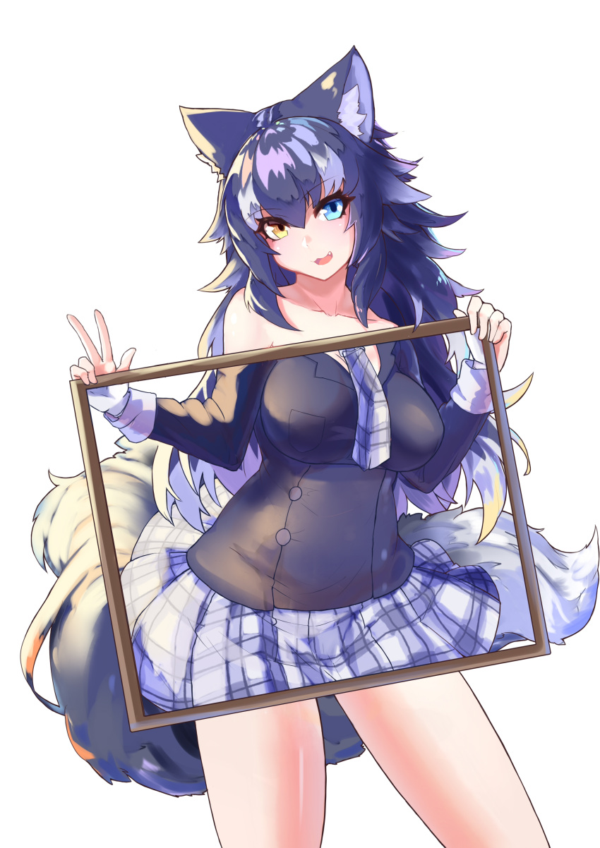 1girl absurdres animal_ear_fluff animal_ears bangs bare_legs bare_shoulders blue_eyes blue_hair boy_(pixiv17542438) breast_pocket breasts buttons collarbone covering cowboy_shot eyebrows_visible_through_hair fang gloves grey_wolf_(kemono_friends) hair_between_eyes hands_up heterochromia highres holding jacket kemono_friends long_hair long_sleeves looking_at_viewer multicolored_hair necktie nude open_mouth plaid plaid_neckwear plaid_skirt pocket simple_background skirt smile solo standing tail two-tone_hair v white_background white_gloves white_hair wolf_ears wolf_girl wolf_tail yellow_eyes
