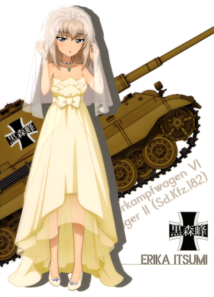 1girl absurdres bangs blue_eyes bridal_veil character_name collarbone dress eyebrows_visible_through_hair full_body girls_und_panzer ground_vehicle highres itsumi_erika jewelry long_dress looking_at_viewer medium_hair military military_vehicle motor_vehicle necklace pumps shiny shiny_hair silver_hair sleeveless sleeveless_dress solo strapless strapless_dress tank tiger_ii veil wedding_dress white_footwear yellow_dress