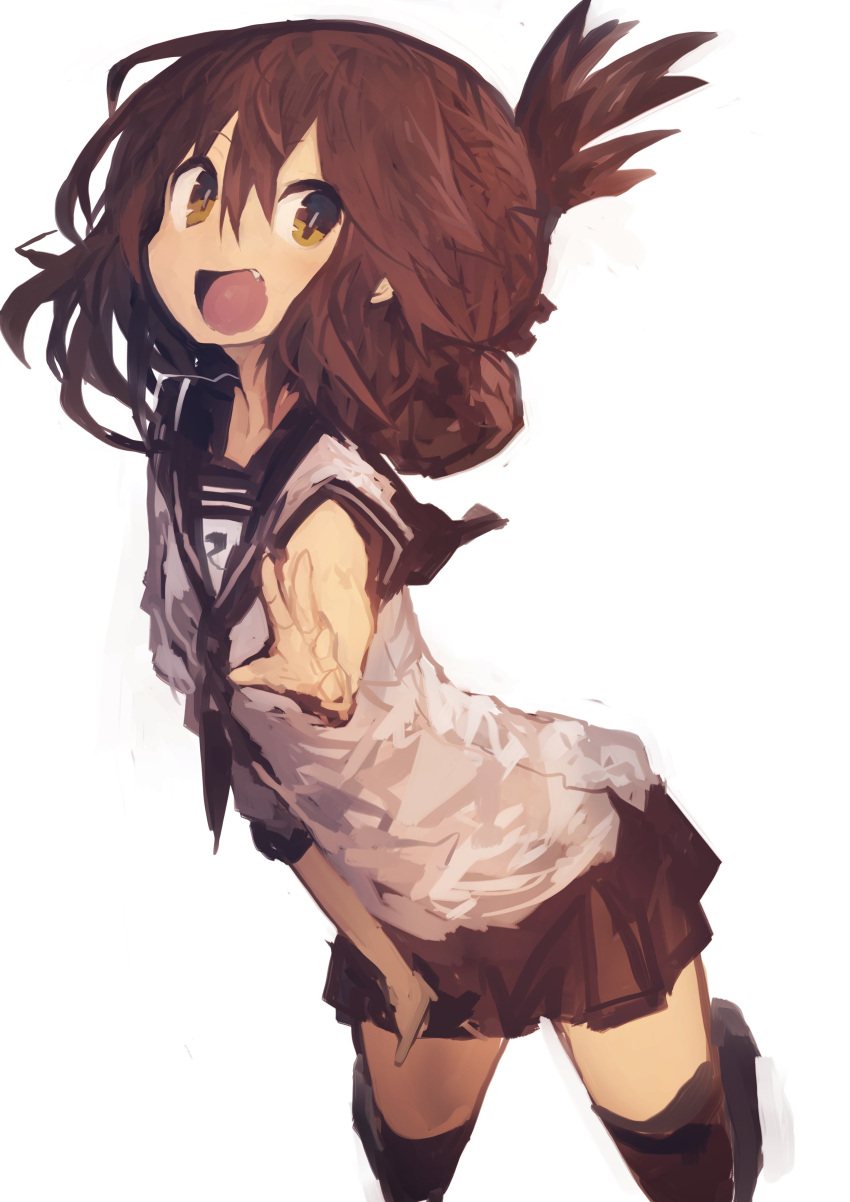 1girl absurdres arched_back bangs brown_eyes brown_hair brown_skirt fang folded_ponytail foreshortening hair_between_eyes highres inazuma_(kantai_collection) kaamin_(mariarose753) kantai_collection kneeling looking_at_viewer open_mouth outstretched_arm pleated_skirt school_uniform serafuku short_sleeves simple_background skirt smile solo thigh-highs white_background
