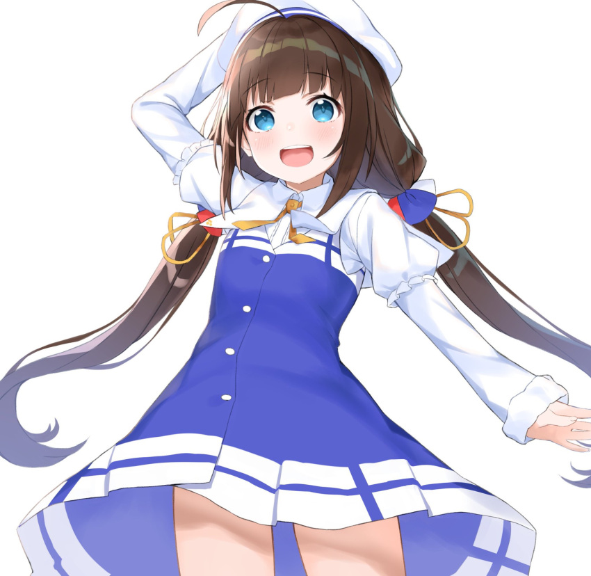 1girl :d ahoge arm_up bangs beret blue_dress blue_eyes blush brown_hair commentary_request dress eyebrows_visible_through_hair hand_behind_head hashiko_nowoto hat highres hinatsuru_ai long_hair long_sleeves open_mouth puffy_short_sleeves puffy_sleeves round_teeth ryuuou_no_oshigoto! school_uniform short_over_long_sleeves short_sleeves sidelocks simple_background sleeves_past_wrists smile solo teeth twintails upper_teeth very_long_hair white_background white_headwear