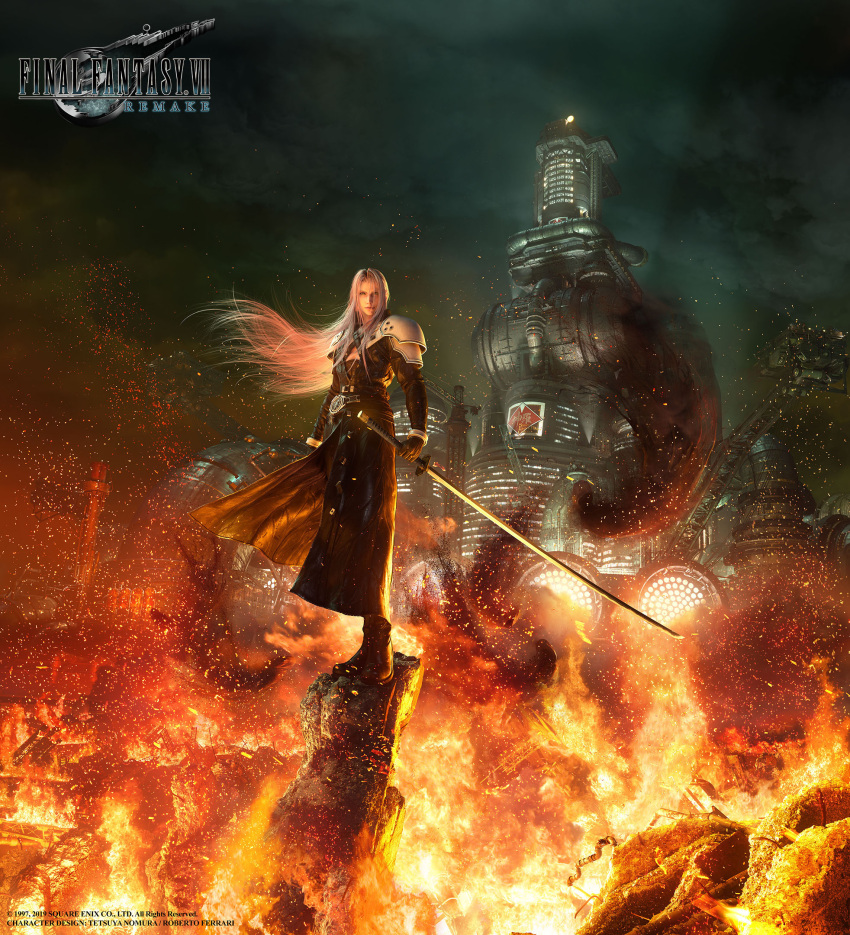 1boy belt boots building clouds cloudy_sky copyright copyright_name dark_clouds debris destruction embers final_fantasy final_fantasy_vii final_fantasy_vii_remake fire flame highres holding holding_weapon logo long_hair looking_at_viewer official_art sephiroth shoulder_armor sky smoke solo square_enix standing strap sword very_long_hair weapon