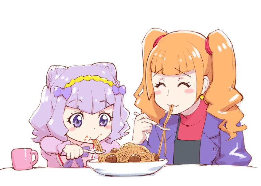 2girls :3 aisaki_emiru bangs blunt_bangs blush_stickers bow commentary_request cup double_bun dress earrings eating eyebrows_visible_through_hair food food_on_face fork hair_bow hair_ornament hairband hugtto!_precure jacket jewelry long_hair long_sleeves meatball mug multiple_girls older orange_hair pasta plate precure purple_dress purple_hair raised_eyebrows ruru_amour shiny shiny_hair sidelocks simple_background sketch smile spaghetti spaghetti_and_meatballs spoilers table twintails ueyama_michirou violet_eyes white_background younger