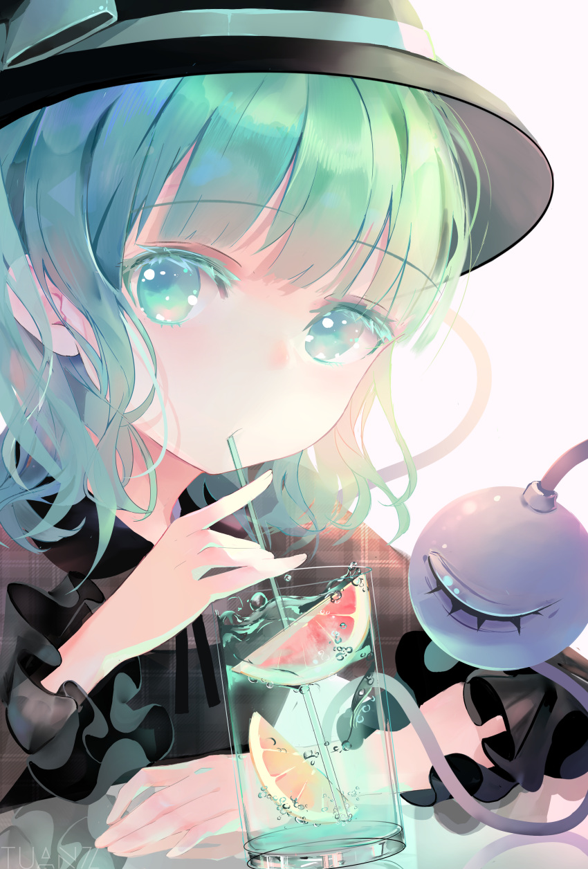 1girl absurdres bangs black_collar black_headwear blush collar commentary_request drinking_straw eyeball eyebrows_visible_through_hair eyelashes food frilled_sleeves frills fruit grapefruit green_eyes green_hair green_ribbon hat hat_ribbon highres holding komeiji_koishi light long_sleeves looking_at_viewer orange ribbon shirt short_hair simple_background solo string third_eye touhou upper_body white_background wide_sleeves