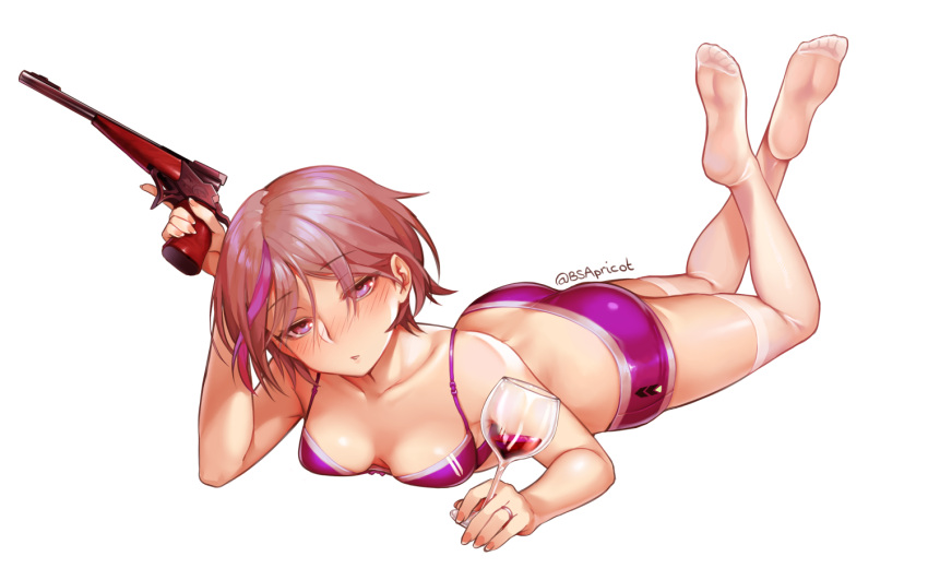 1girl alcohol ass bangs bare_arms bare_shoulders blush bra breasts collarbone commentary cup danielle_brindle drinking_glass drunk english_commentary eyebrows_visible_through_hair full_body girls_frontline grey_hair gun hair_between_eyes handgun head_tilt holding holding_cup holding_gun holding_weapon legs_up looking_at_viewer multicolored_hair no_shoes nose_blush object_namesake parted_lips purple_bra purple_hair purple_shorts short_hair short_shorts shorts simple_background small_breasts soles solo streaked_hair thigh-highs thompson/center_contender thompson/center_contender_(girls_frontline) twitter_username underwear violet_eyes weapon white_background white_legwear wine wine_glass