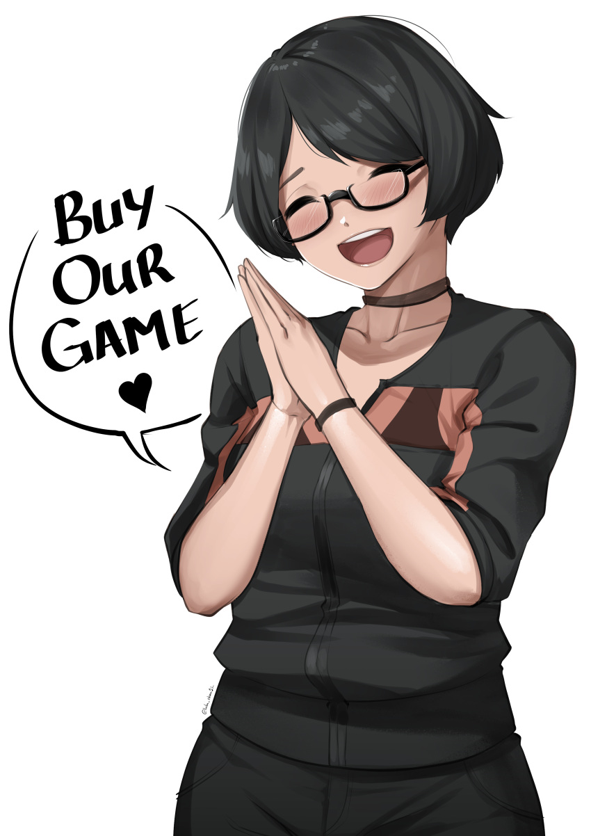 1girl :d ^_^ absurdres bangs black-framed_eyewear black_hair black_jacket black_pants blush breasts brown_choker choker closed_eyes collarbone commentary english_commentary english_text glasses hands_up head_tilt heart highres jacket lulu-chan92 nakamura_ikumi open_mouth palms_together pants real_life round_teeth semi-rimless_eyewear short_hair short_sleeves simple_background small_breasts smile solo teeth twitter_username under-rim_eyewear upper_teeth white_background