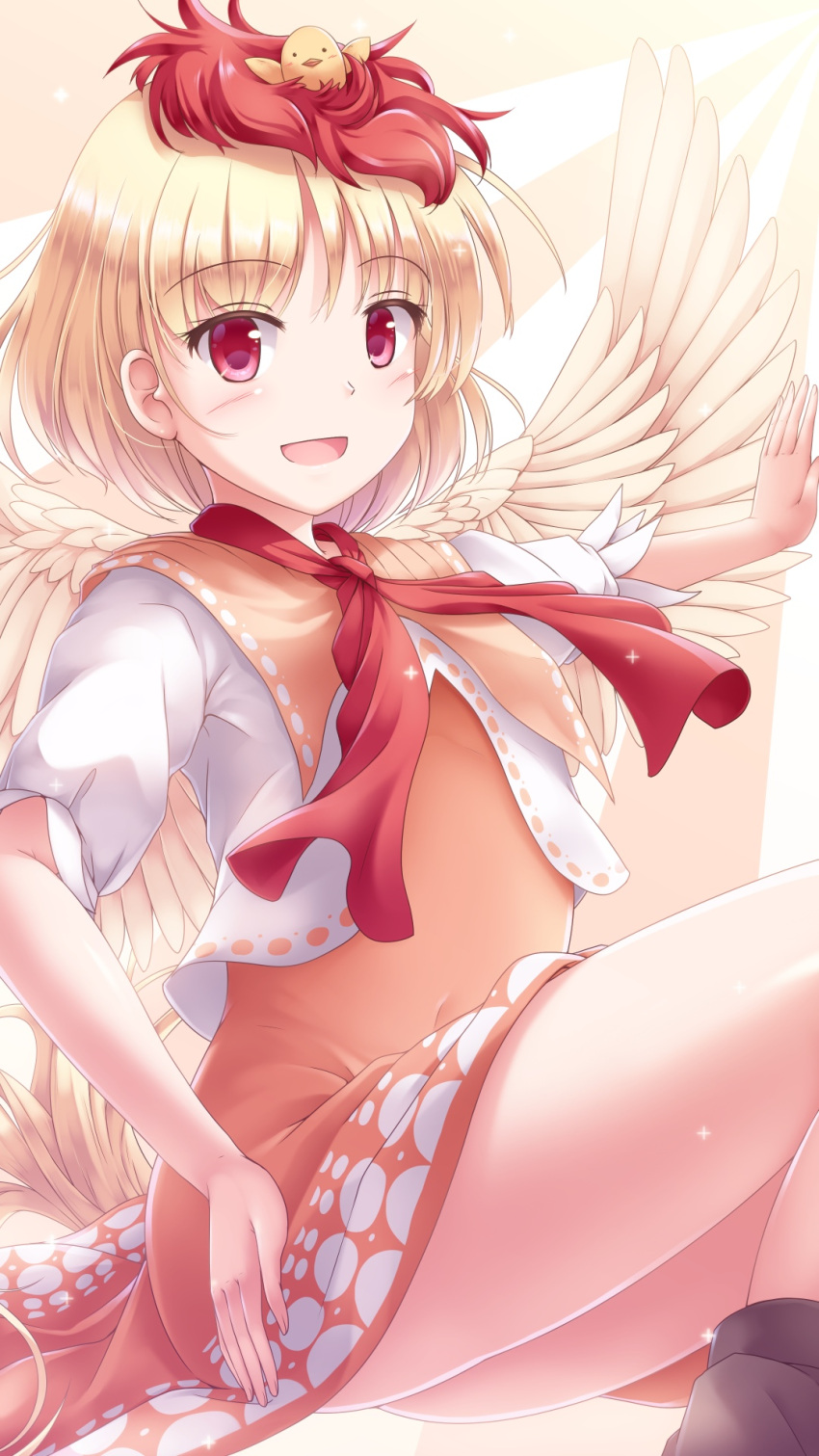 1girl :d bangs bird bird_tail bird_wings blonde_hair chick commentary_request eyebrows_visible_through_hair highres looking_at_viewer lzh niwatari_kutaka open_mouth outstretched_arm puffy_sleeves red_eyes redhead short_hair simple_background smile solo touhou white_background wings