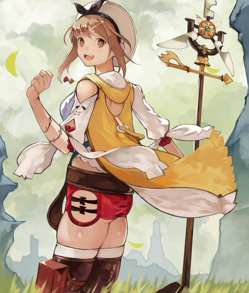 1girl 55level atelier_(series) atelier_ryza bangs belt blush breasts brown_eyes brown_hair clouds cloudy_sky gloves hair_ornament hairclip hat highres holding holding_staff jewelry large_breasts looking_at_viewer necklace open_mouth outdoors parted_bangs red_shorts reisalin_stout short_shorts shorts simple_background single_glove sky smile solo staff standing thigh-highs thighs white_background white_headwear
