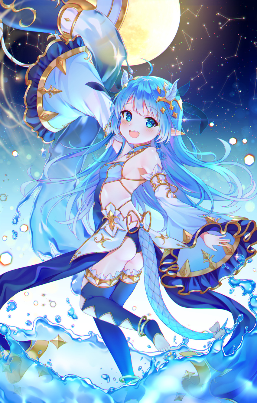 1girl :d absurdres arm_up armpits ass back bare_shoulders blue_dress blue_eyes blue_hair blue_legwear blush breasts cauldron constellation detached_sleeves dragon_girl dragon_tail dress full_moon highres huge_filesize king's_raid lilia_(king's_raid) long_hair long_sleeves looking_at_viewer moon moonlight open_mouth outstretched_arms pointy_ears reel37891 sidelocks small_breasts smile solo tail thigh-highs toes water wide_sleeves