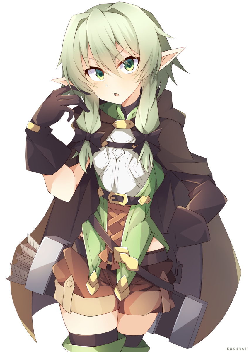 1girl absurdres arrow black_bow black_gloves blush bow breasts cape commentary elf eyebrows_visible_through_hair gloves goblin_slayer! green_eyes green_hair hair_between_eyes hair_bow high_elf_archer_(goblin_slayer!) highres long_hair looking_at_viewer open_mouth pointy_ears rizalx shorts sidelocks simple_background small_breasts solo thigh-highs white_background