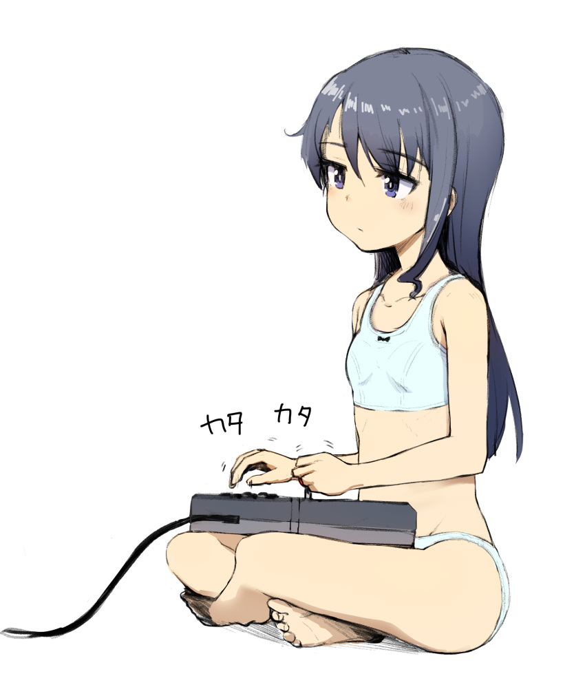 1girl alice_gear_aegis bangs bare_arms bare_legs bare_shoulders barefoot blue_bra blue_panties blush bra breasts closed_mouth commentary_request crossed_legs expressionless eyebrows_visible_through_hair full_body groin hair_between_eyes highres koashi_mutsumi long_hair looking_away momo_(higanbana_and_girl) panties playing_games purple_hair shadow sitting small_breasts solo underwear underwear_only very_long_hair violet_eyes white_background