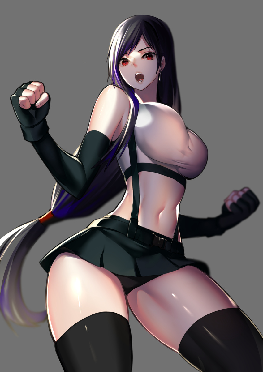 1girl black_gloves black_hair blush breasts brown_eyes brown_hair clenched_hands cowboy_shot earrings elbow_gloves final_fantasy final_fantasy_vii fingerless_gloves gloves grey_background hands_up highres jewelry large_breasts long_hair low-tied_long_hair midriff miniskirt navel pencil_skirt rahato red_eyes simple_background skirt smile solo suspender_skirt suspenders tank_top thick_thighs thighs tifa_lockhart